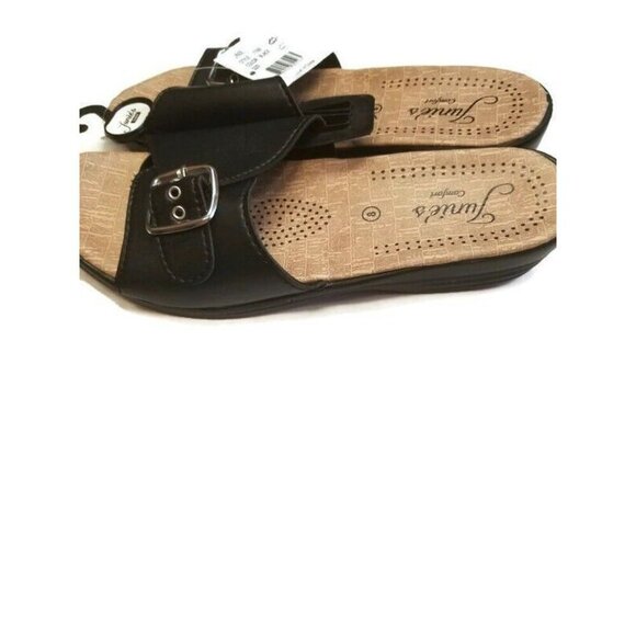 Junies Comfort Slip On Wedge Sandals Womens Size 8 Black Single Buckle - Picture 2 of 5